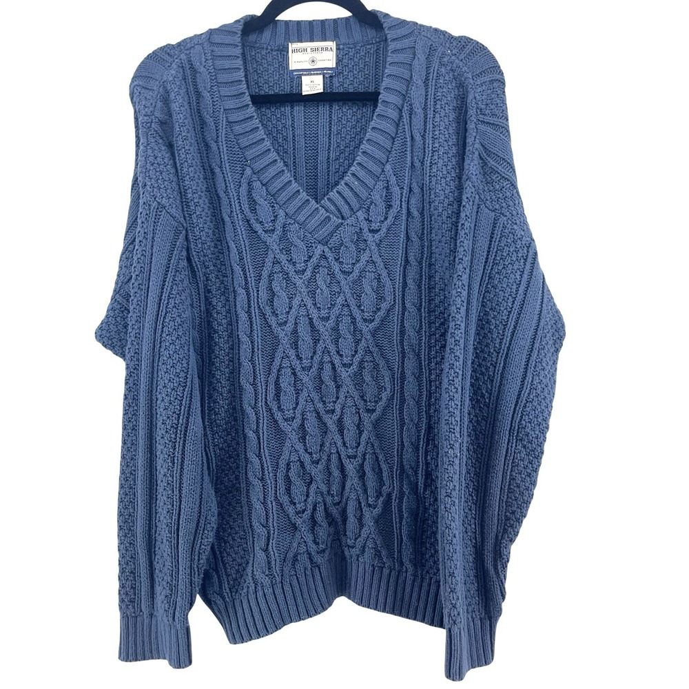Mens Cable Knit Sweater XL Chunky V‎ Neck Oversized Grandpa Cozy